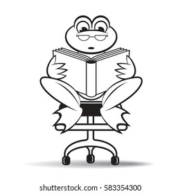 frog reading book on stool with wheels in black outline-vector drawing