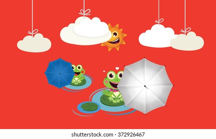Frog with red and black umbrella in summer Vector Child illustration