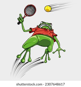 Frosch mit rotem T-Shirt Maskottchen einer Tennismannschaft springt, um den Tennisball zu schlagen. Konzept der Sportgrafik.