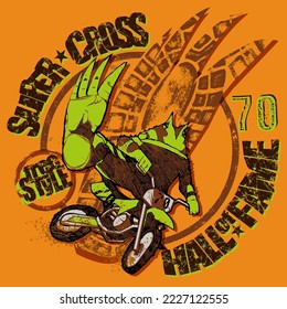 Frog riding a dirtbike on one leg, in the background a giant footprint. Extreme sports animal mascot illustration concept. 