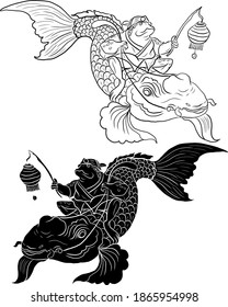 Frog riding koi fish carp vector illustration.Traditional Japanese art for printing on shirt.Frog design for painting on background.Idea for paint on wallpaper at restaurant.Frog holding the lamp.