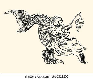 Frog riding koi fish carp vector illustration.Traditional Japanese art for printing on shirt.Frog design for painting on background.Idea for paint on wallpaper at restaurant.Frog holding the lamp.