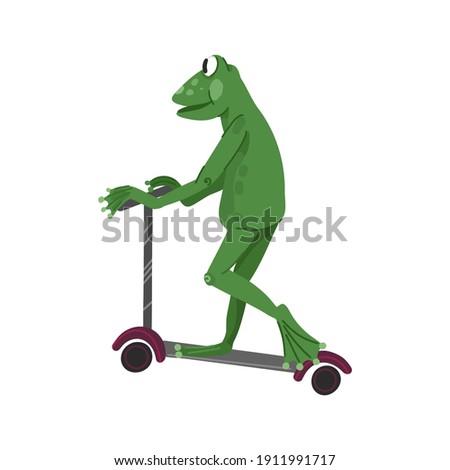 The frog is riding a scooter, walking, moving. Children's fairy tale character, an aquatic animal. Kids designe. Vector cartoon illustration isolated on white background