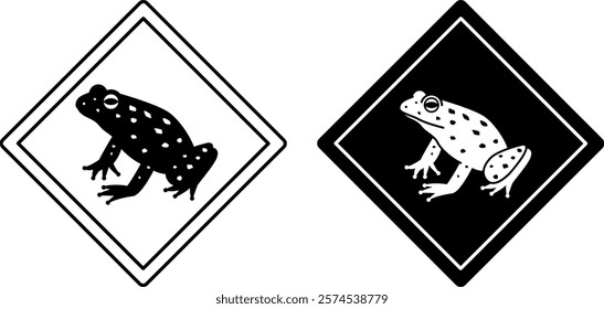 Frog Road Signs. Black and White Vector Icons. Amphibian, Toad. Road Sign Warning about Crossing the Road by Animals. Sticker for Zoo