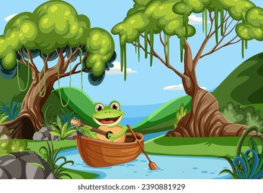 Frog row boat in the stream illustration