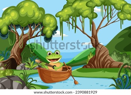 Frog row boat in the stream illustration