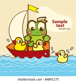  frog and rubber ducks in a boat