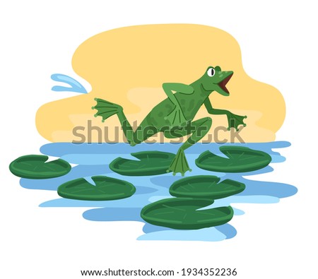 Frog is running, in a hurry, it is late, running through the swamp with water lilies. Vector cartoon illustration isolated on white background