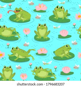 Frog Seamless Pattern. Repeating Cute Frogs And Aquatic Plants Baby Shower Design, Cards Print Or Wallpaper Textile Cartoon Vector Texture. Lily Leaves And Flowers, Catching Flying Insects