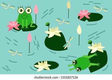 Frog seamless pattern. Repeating cute frogs and water lilies, baby shower design, postcard printing or vector texture of textile cartoon on wallpaper. Water lilies and lily flowers, flying insects