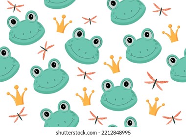 Frog seamless pattern. Repeating design element for printing on fabric. Amphibian and animal, butterfly and crown. Nature and fauna. Poster or banner for website. Cartoon flat vector illustration