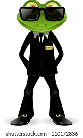 frog security guard in a black suit