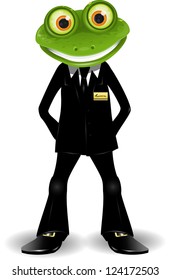frog security guard in a black suit