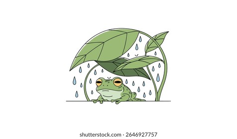 Um sapo procurando abrigo sob grandes folhas durante um banho de chuva suave uma ilustração encantadora capturando momentos simples da natureza