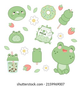 Frog set. Cute frog in kawaii style and different desserts and drinks.