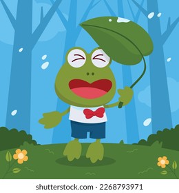 La rana se resguarda de la lluvia torrencial usando hojas anchas.