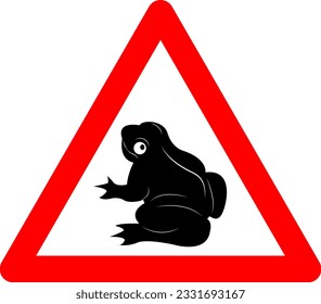 Frog sign. Frog warning sign. Red triangle sign with frog silhouette inside. Caution frog migration. On the territory toad. Toad sign.