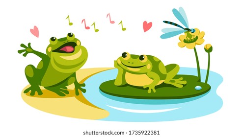 frog sings a love song in spring happy blowing up a bubble, pleased listens 