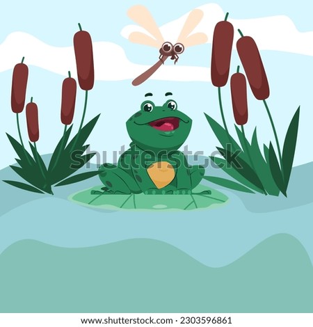Frog sits on lake in reeds, dragonfly flying. Wild amphibian catching insects, croaking cute aquatic animal, amphibious in nature, bullfrog on river vector cartoon flat isolated illustration