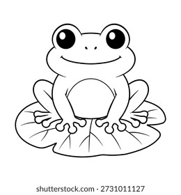 Frog sits on leaf with wide eyes and smile used for illustration