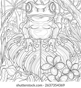A frog sits on a monstera leaf in the rainforest.Coloring book antistress for children and adults. Illustration isolated on white background.Zen-tangle style. Hand draw