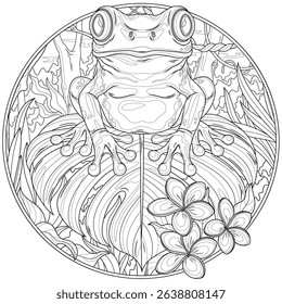 Una rana se sienta en una hoja de monstruo en la selva tropical en un marco redondo. Libro para colorear antiestrés para niños y adultos. Ilustración aislada sobre fondo blanco. Estilo de enredo zen. Dibujo a mano