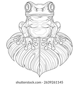 Um sapo senta-se em um monstera leaf.Coloring livro antistress para crianças e adultos. Ilustração isolada no estilo background.Zen-tangle branco. Desenho da mão