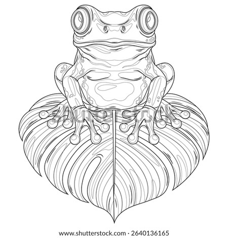 A frog sits on a monstera leaf.Coloring book antistress for children and adults. Illustration isolated on white background.Zen-tangle style. Hand draw