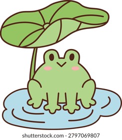 Frog sits on a puddle under a large leaf umbrella with rounded lines and soft shapes. Symbol of protection, comfort, calm, and cozy weather mood. Cartoon vector illustration.