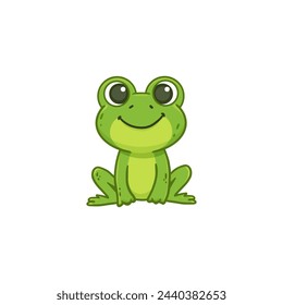 The frog sits on a white background. Isolated illustration with a green frog in cartoon style. Vector