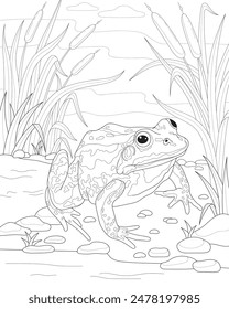 Frog sits in the reeds. Coloring for adults and children.