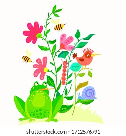 A frog sits under a bush and a bird on a flower.