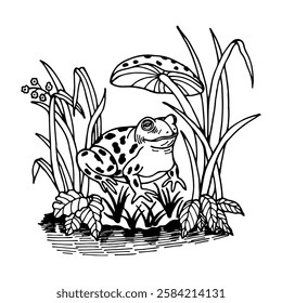 Frog sitting among grass, leaves, and mushrooms near water.  Vector stock illustration eps10. Outline, hand drawn.