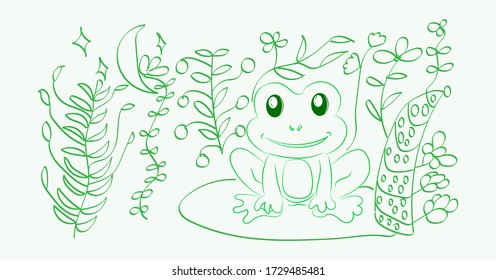 the frog is sitting among the plants.there is a moon and stars in the sky.sketch.coloring book. isolated on a white background. vector.