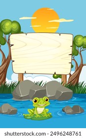 Frog sitting by a pond with sign