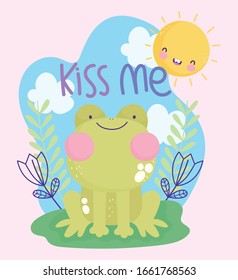 frog sitting grass sky kiss me cartoon cute vector illustration