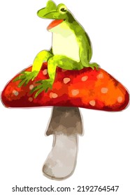 frog sitting on fly agaric in vector format painted with digital watercolor