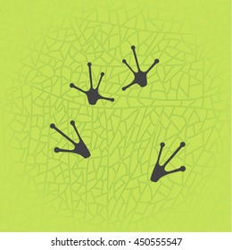Frog sitting on leaf footprints. Vector frog feet. Isolated illustration. Frog paws silhouette on the green leaf texture background