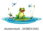 Frog sitting on a leaf in the pond with dragonflies. Vector cartoon illustration isolated on white background