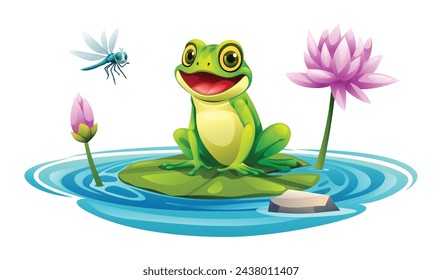 Frog sitting on a leaf in a pond with water lily and dragonfly. Vector cartoon illustration isolated on white background