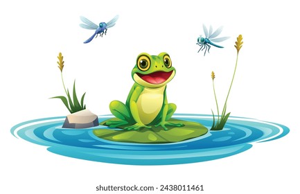 Frog sitting on a leaf in the pond with dragonflies. Vector cartoon illustration isolated on white background