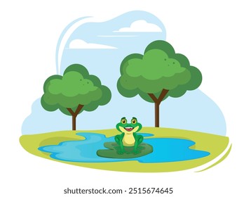frog sitting on a leaf in the pond, vector illustration.