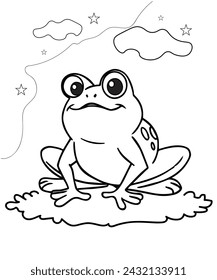 Rana sentada en la hoja de nenúfar. Ilustración vectorial en blanco y negro para libro de colorear