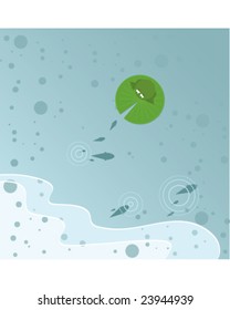 A frog sitting on a lily pad in the middle of a pond. A school of fish under the water is skimming for food at the surface and causing ripples in the water. Waves indicate they are close to land.