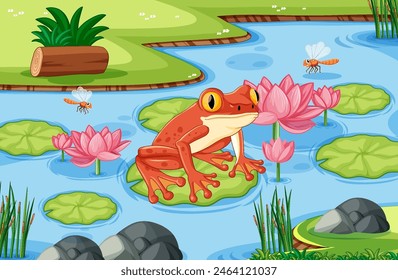 Frog sitting on lily pad with flowers