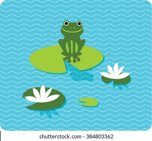 A frog sitting on lily pad on the lake. vector illustration.