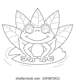 Frog sitting on lotus leaf suitable for children's coloring page vector illustration