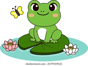 A frog sitting on a lotus leaf outside as spring arrives.