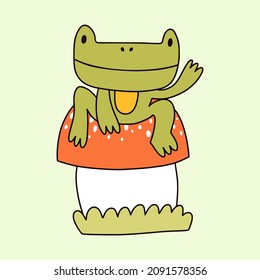 Frog sitting on mushroom. Cute cartoon doodle toad smiles on the amanita. Funny character for stickers, kids wearing, other trendy designs.