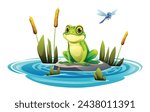 Frog sitting on a rock in pond with dragonfly. Vector cartoon illustration